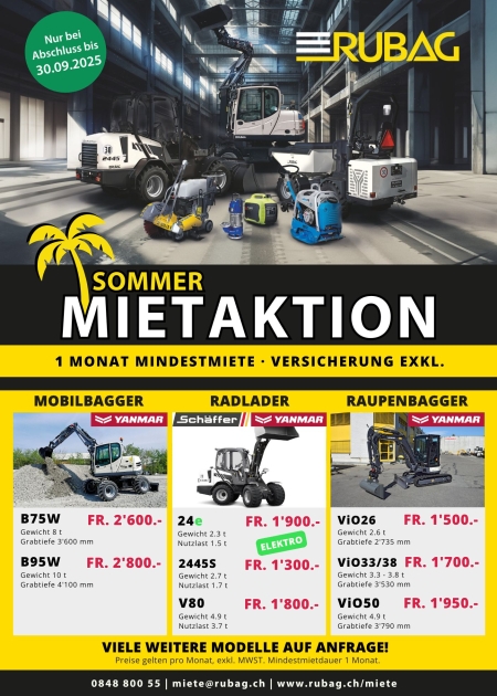 Sommer Mietaktion RUBAG Titelbild mit Baumaschinen